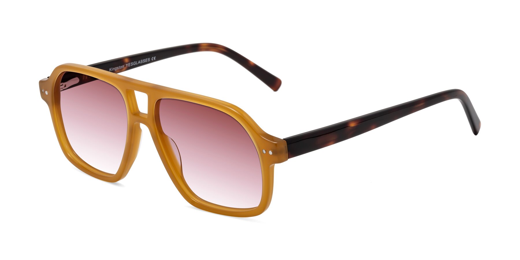 Angle of Kingston in Caramel-Tortoise with Garnet Gradient Lenses