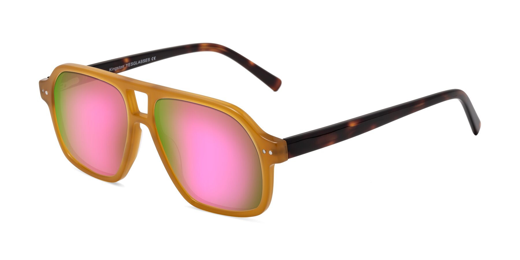 Angle of Kingston in Caramel-Tortoise with Pink Mirrored Lenses