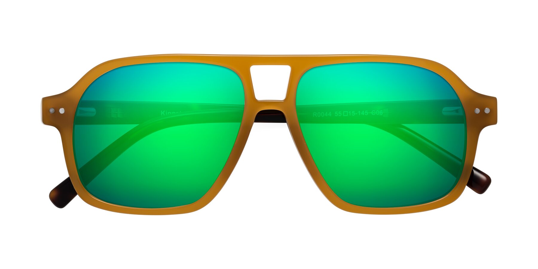 Folded Front of Kingston in Caramel-Tortoise with Green Mirrored Lenses