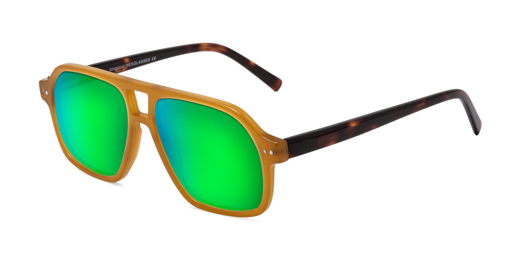 Angle of Kingston in Caramel-Tortoise with Green Mirrored Lenses