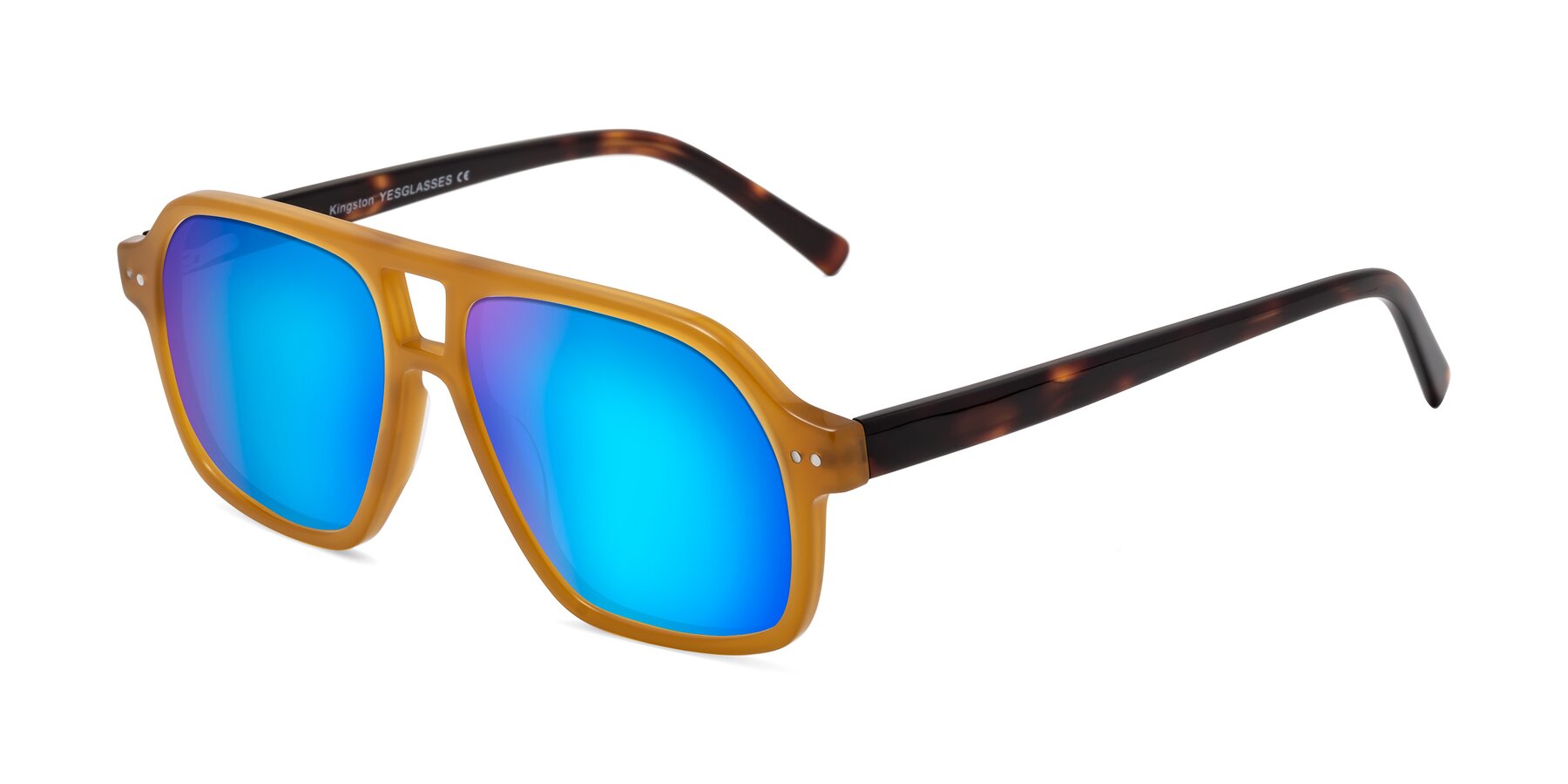 Angle of Kingston in Caramel-Tortoise with Blue Mirrored Lenses