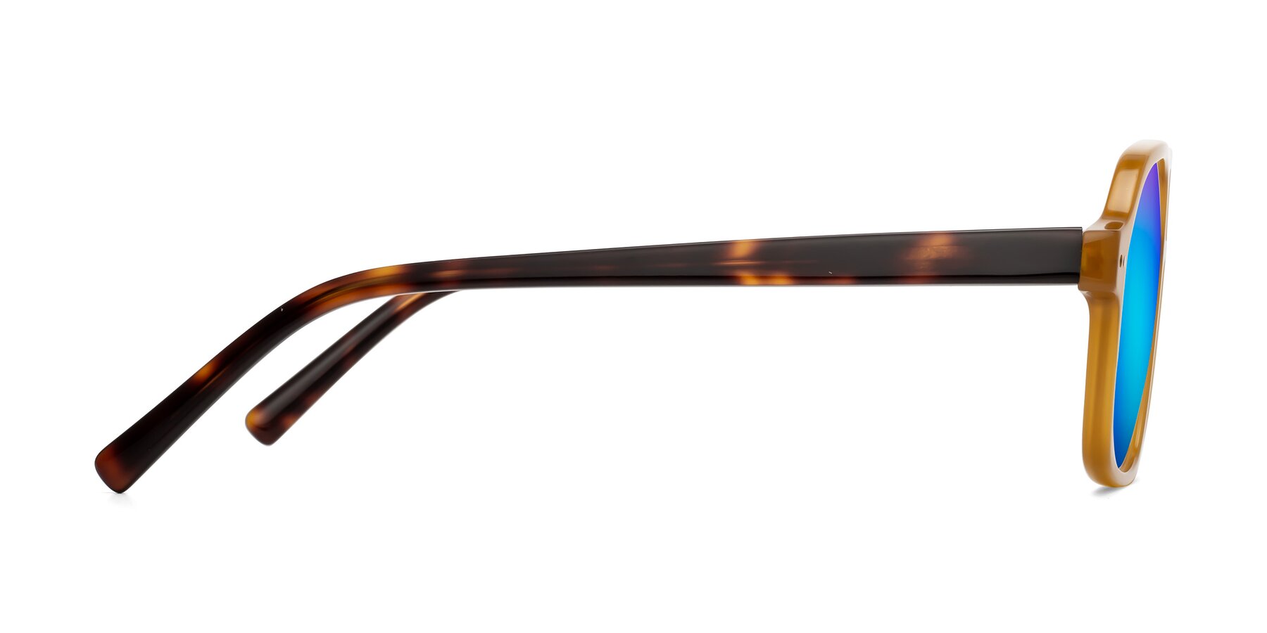 Side of Kingston in Caramel-Tortoise with Blue Mirrored Lenses