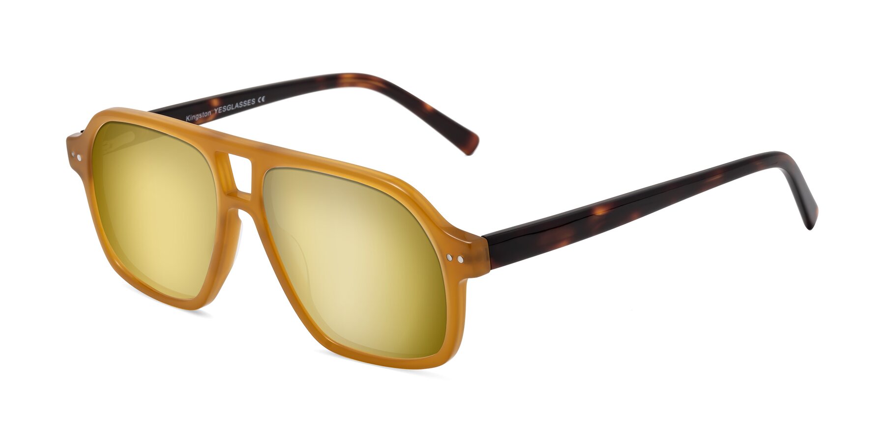 Angle of Kingston in Caramel-Tortoise with Gold Mirrored Lenses