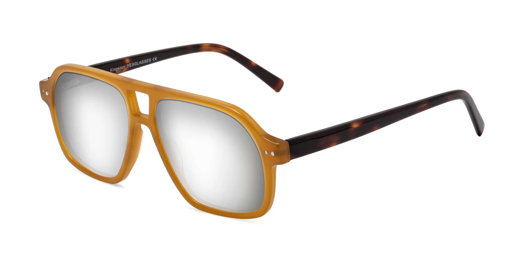 Angle of Kingston in Caramel-Tortoise with Silver Mirrored Lenses