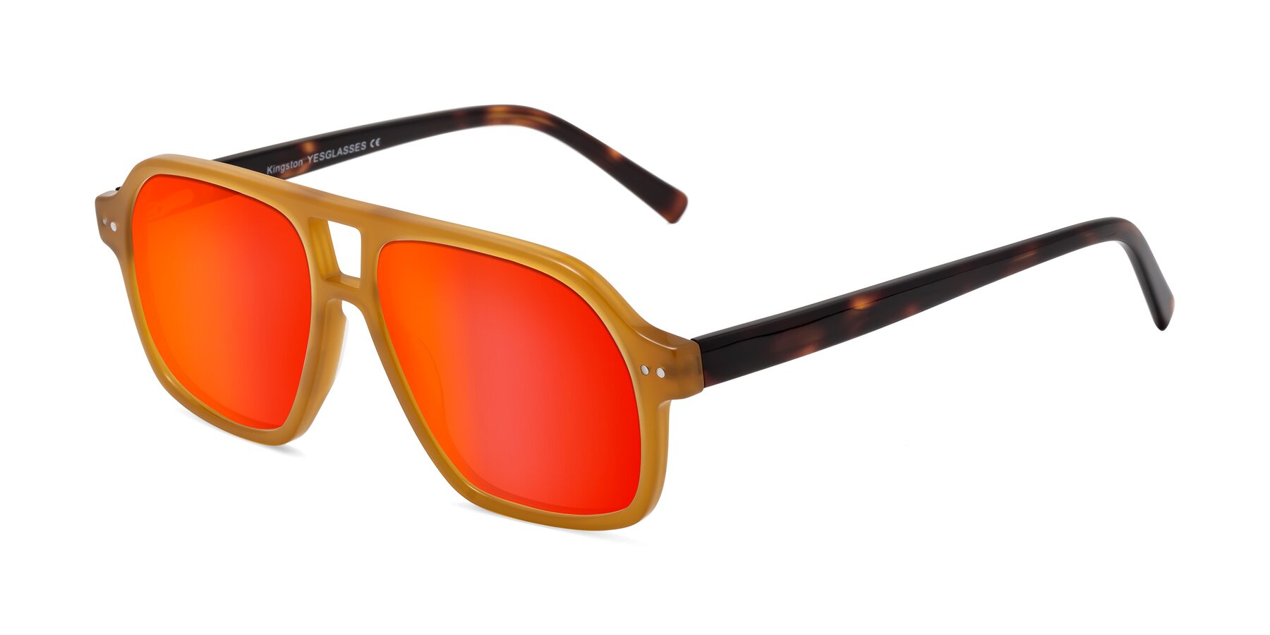 Angle of Kingston in Caramel-Tortoise with Red Gold Mirrored Lenses