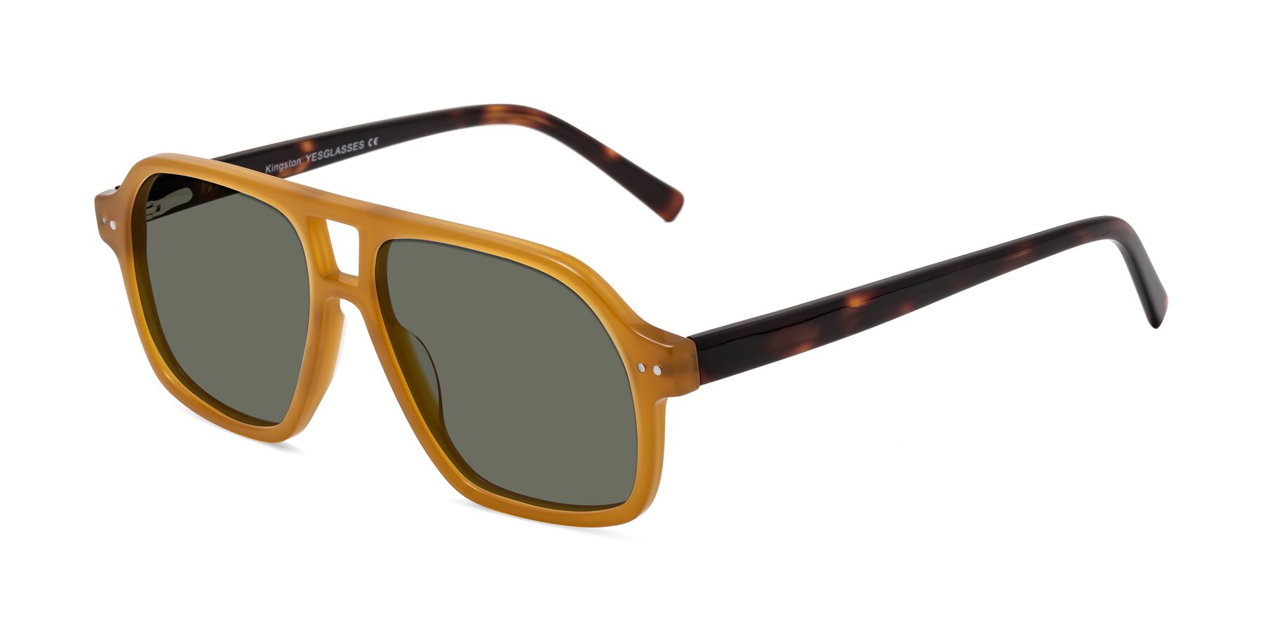 Angle of Kingston in Caramel-Tortoise with Gray Polarized Lenses