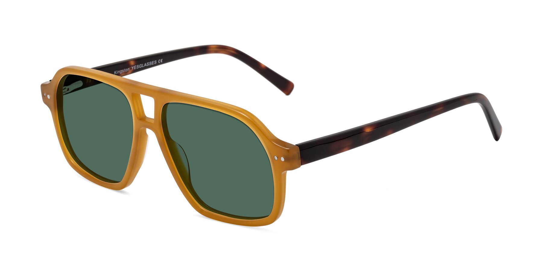 Angle of Kingston in Caramel-Tortoise with Green Polarized Lenses