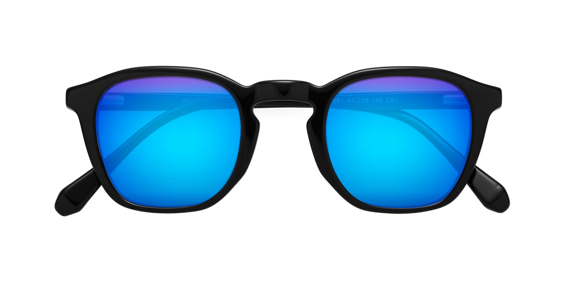 Folded Front of Producer in Black with Blue Mirrored Lenses