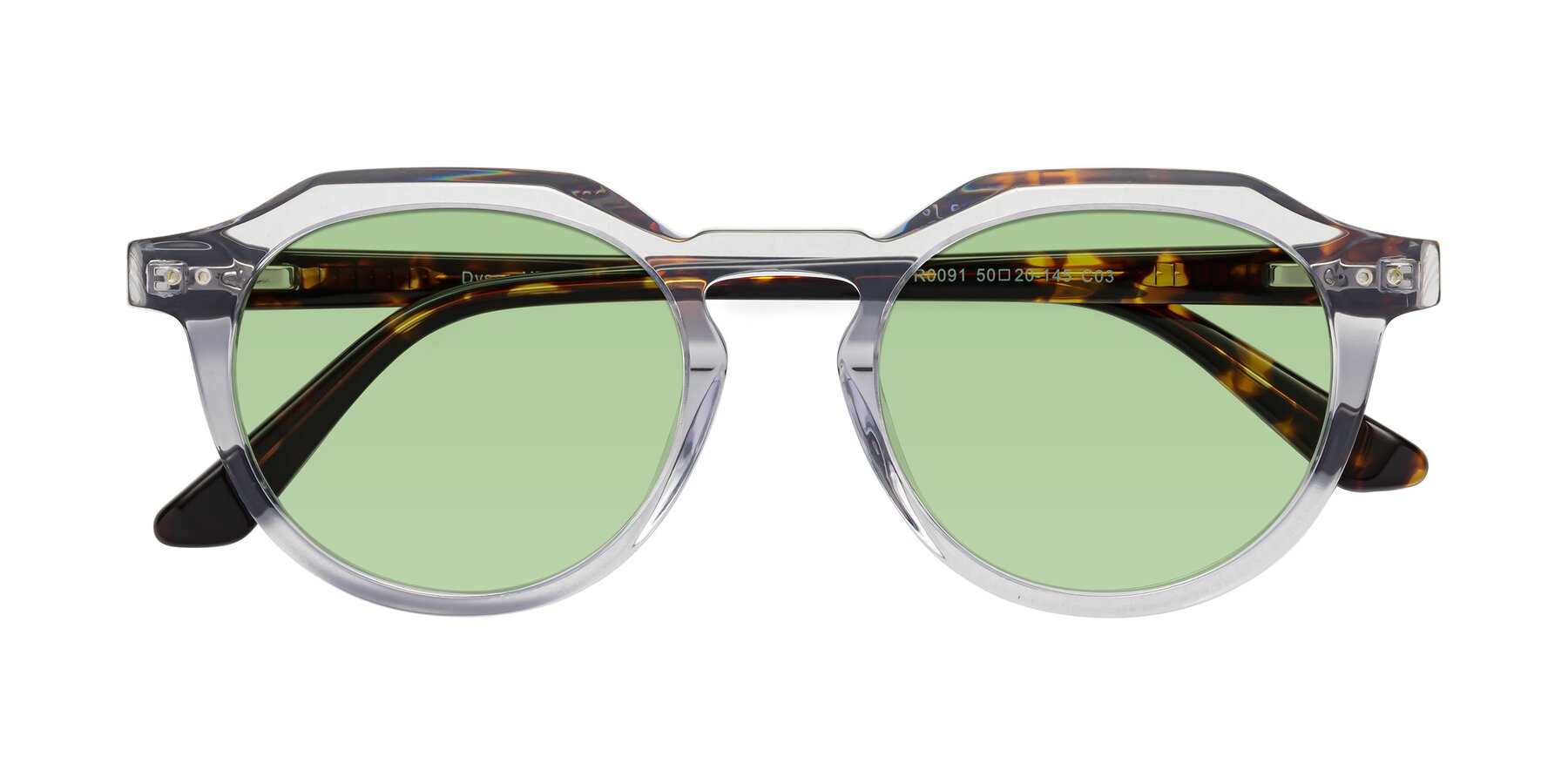 Folded Front of Dyson in Transparent Livid-Tortoise with Medium Green Tinted Lenses