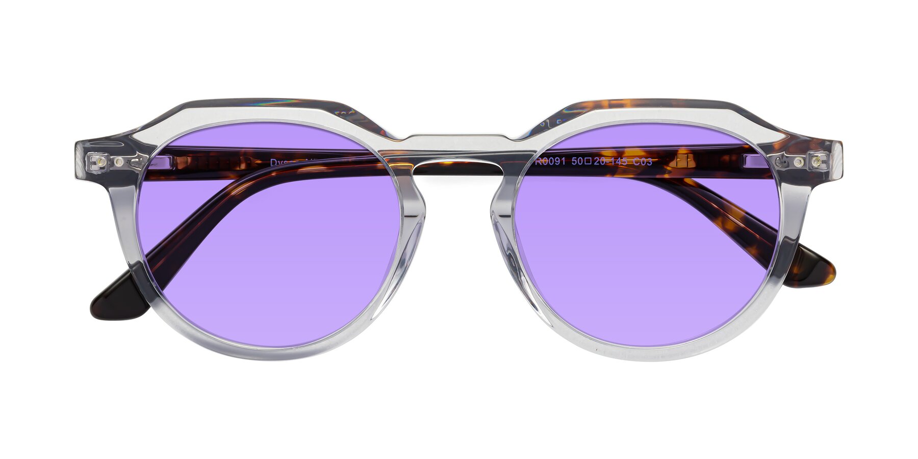 Folded Front of Dyson in Transparent Livid-Tortoise with Medium Purple Tinted Lenses