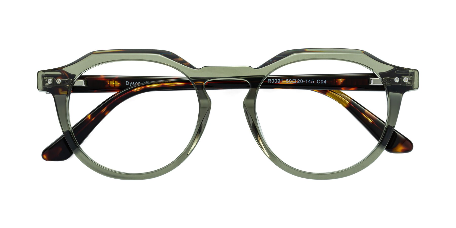 Folded Front of Dyson in Transparent Green-Tortoise with Clear Eyeglass Lenses