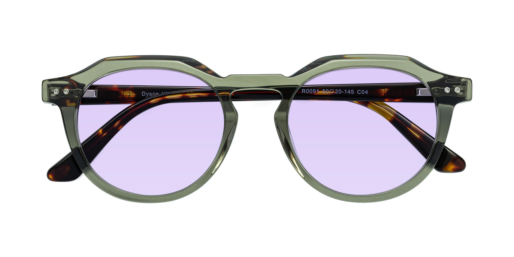 Folded Front of Dyson in Transparent Green-Tortoise with Light Purple Tinted Lenses