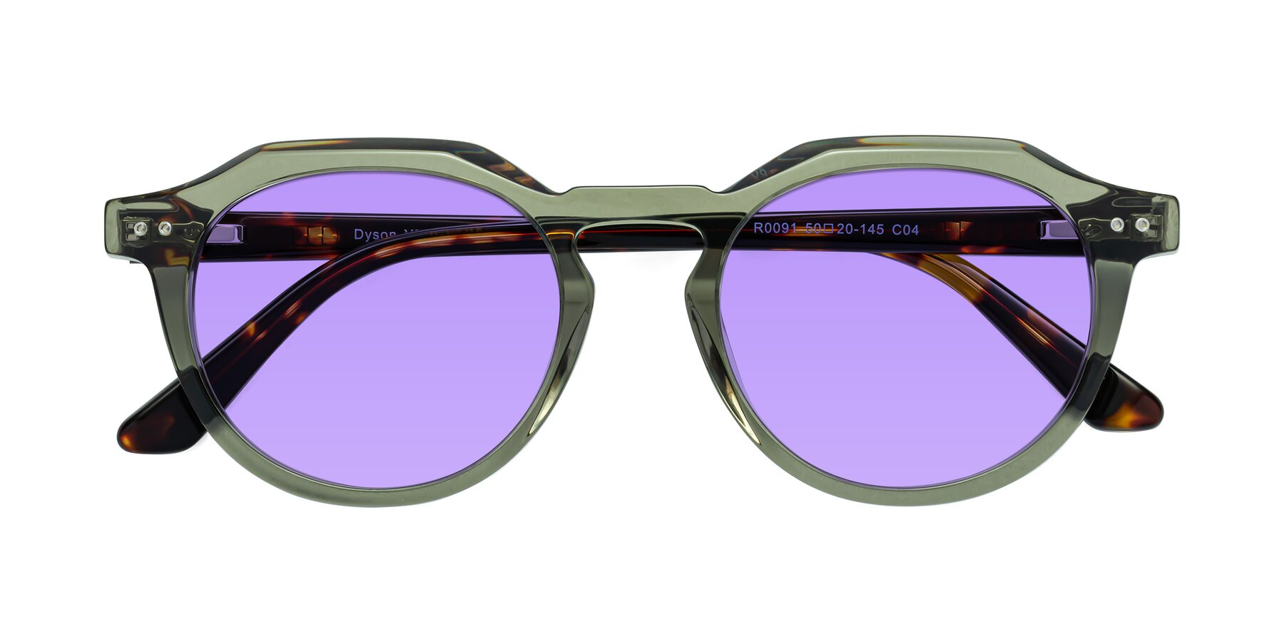 Folded Front of Dyson in Transparent Green-Tortoise with Medium Purple Tinted Lenses