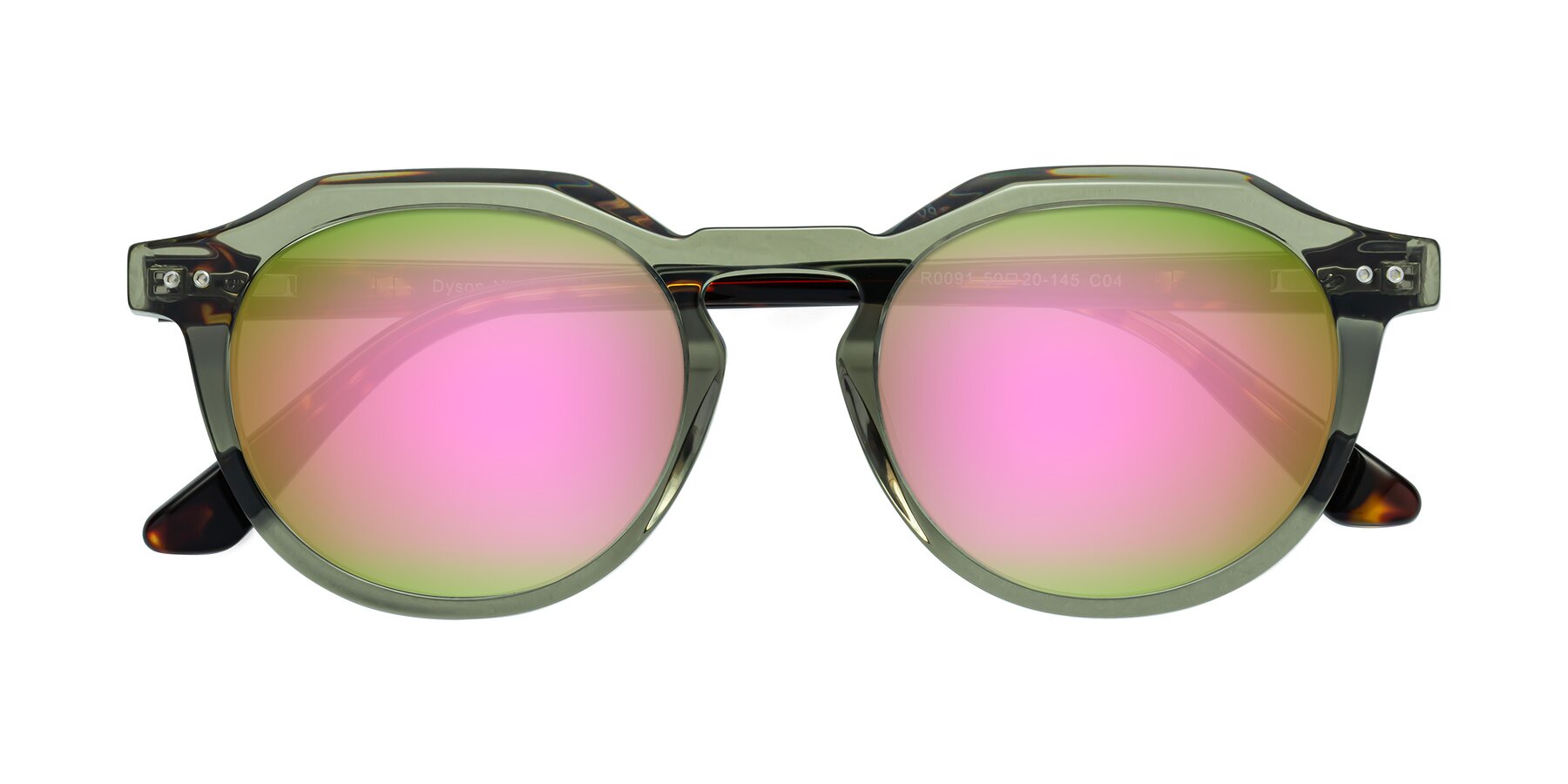 Folded Front of Dyson in Transparent Green-Tortoise with Pink Mirrored Lenses
