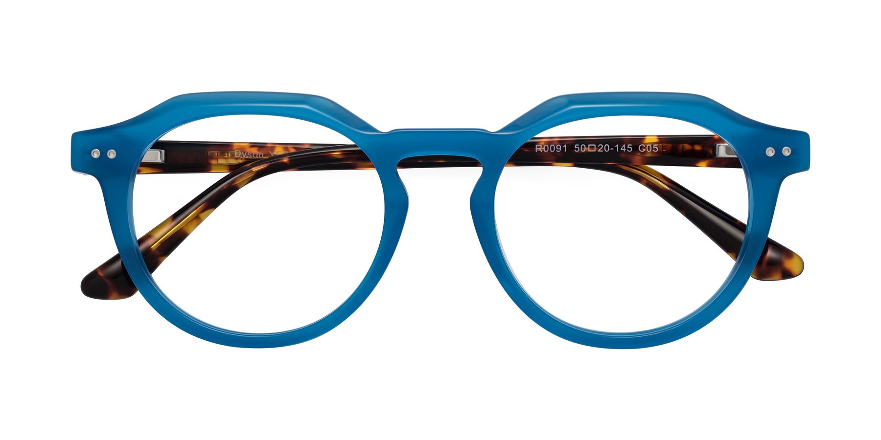 Folded Front of Dyson in Sky Blue-Tortoise with Clear Eyeglass Lenses