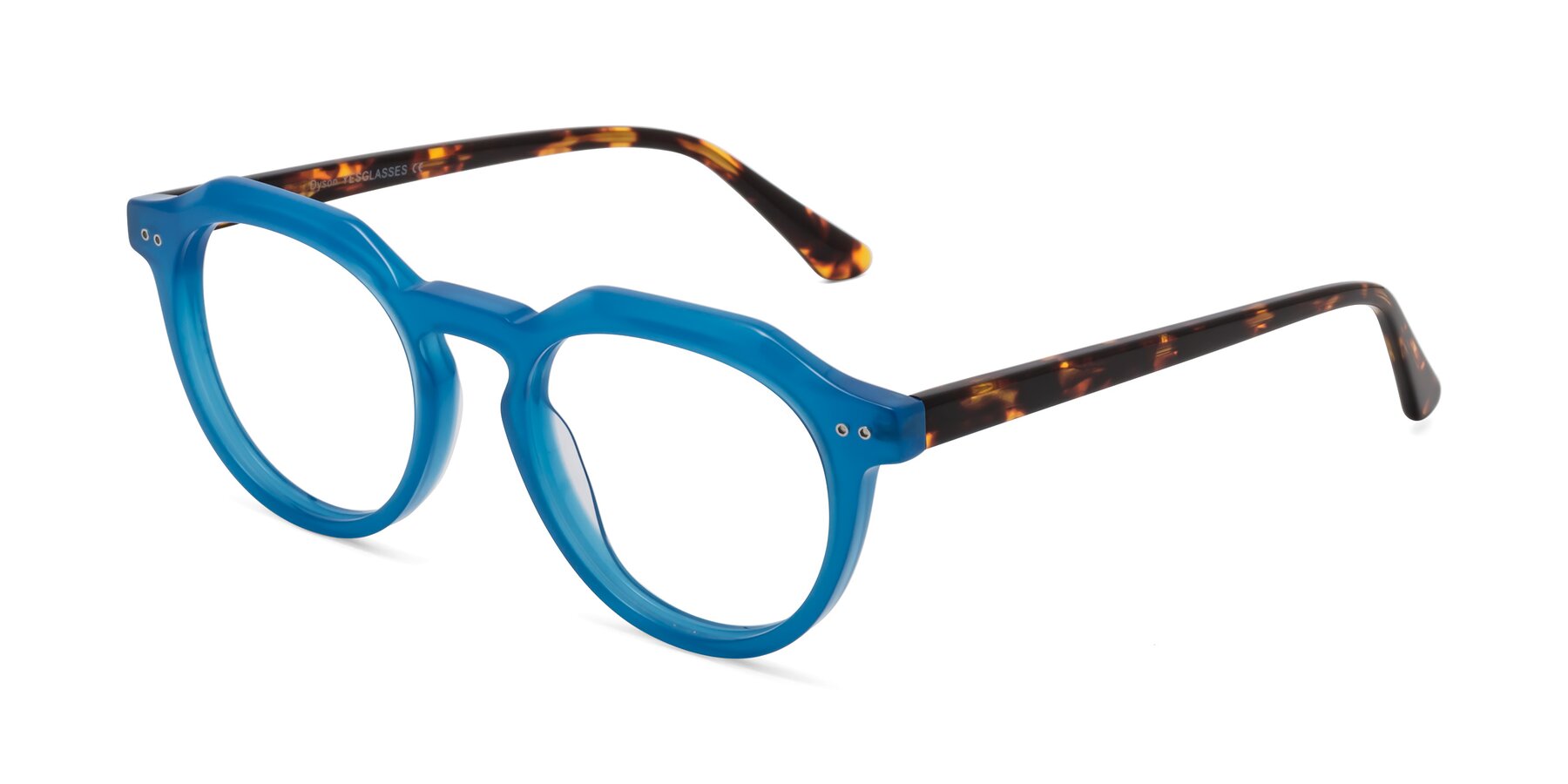 Angle of Dyson in Sky Blue-Tortoise with Clear Eyeglass Lenses