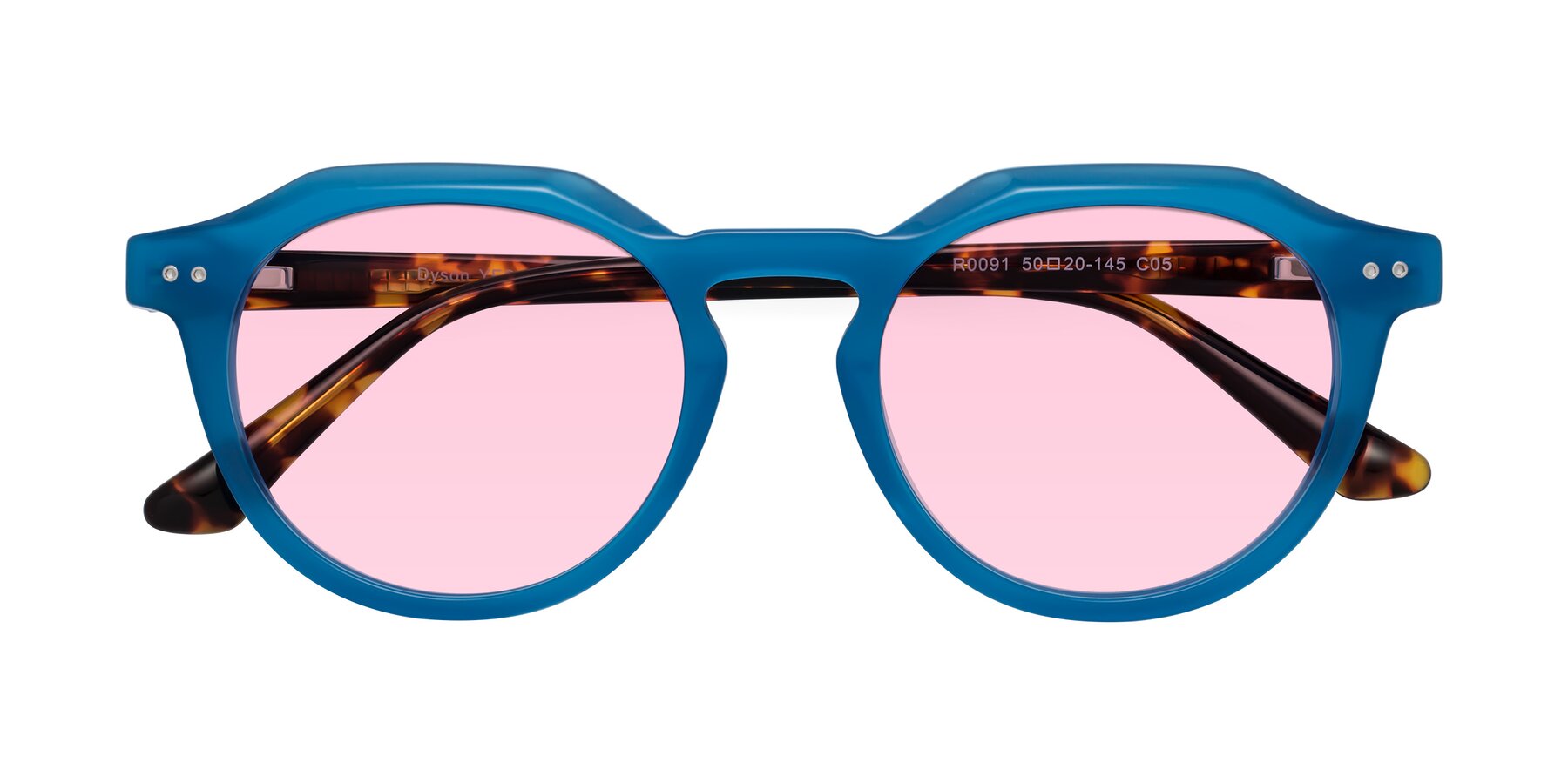 Folded Front of Dyson in Sky Blue-Tortoise with Light Pink Tinted Lenses