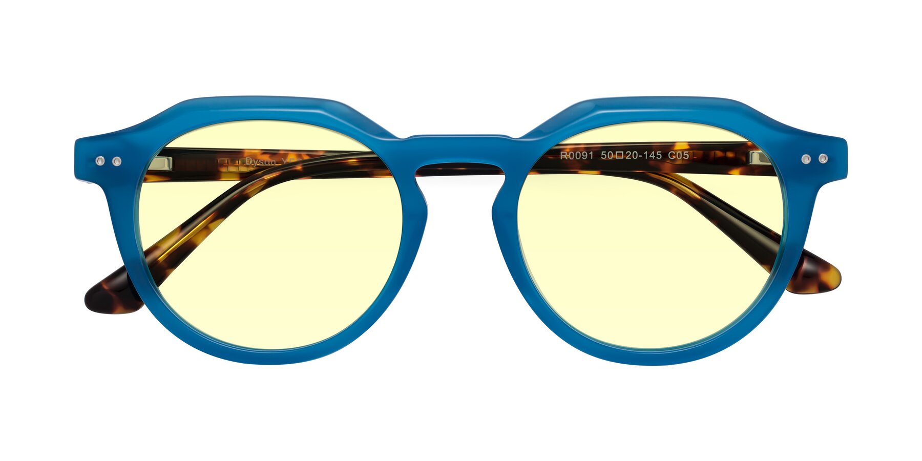 Folded Front of Dyson in Sky Blue-Tortoise with Light Yellow Tinted Lenses