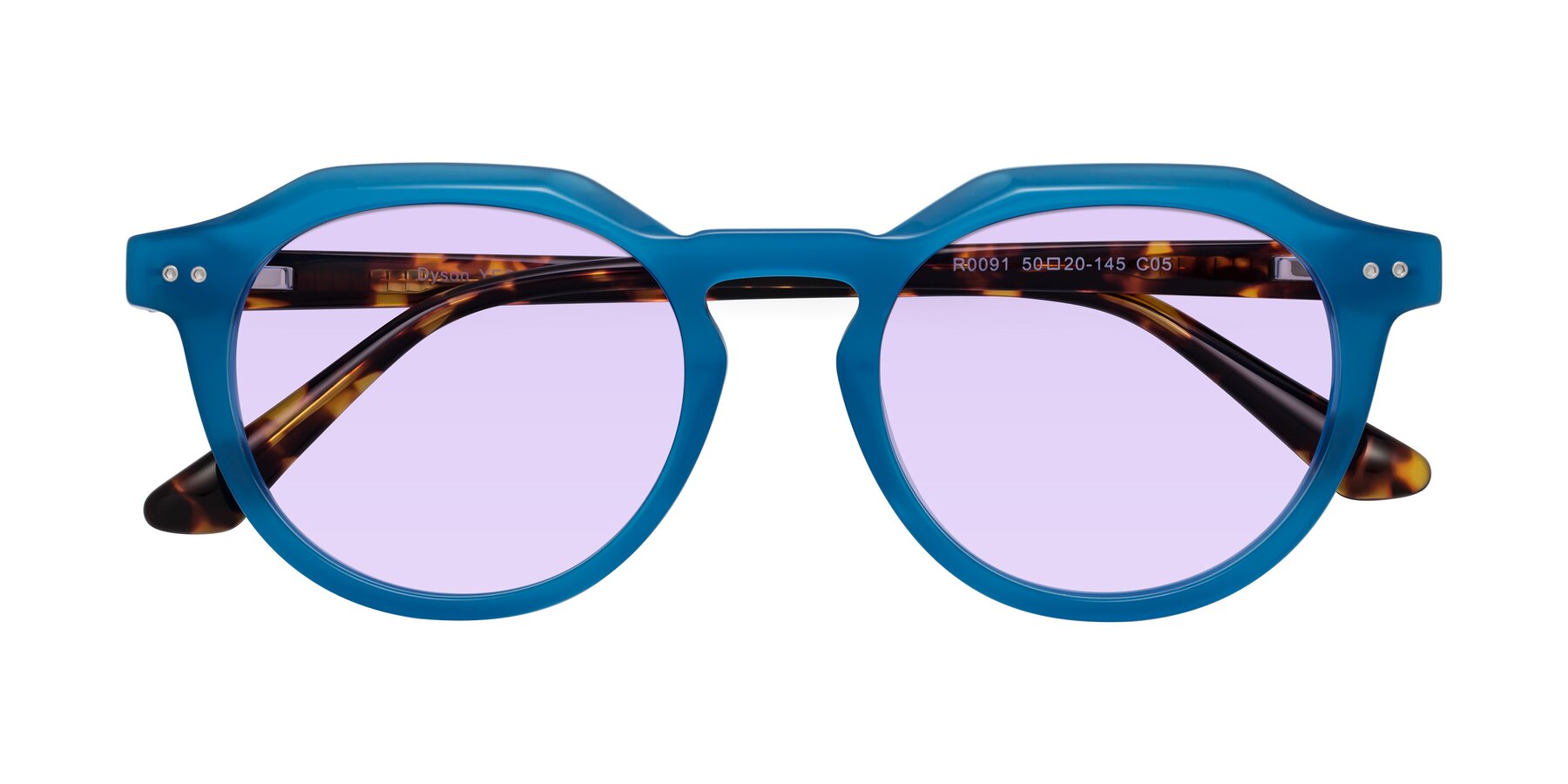 Folded Front of Dyson in Sky Blue-Tortoise with Light Purple Tinted Lenses