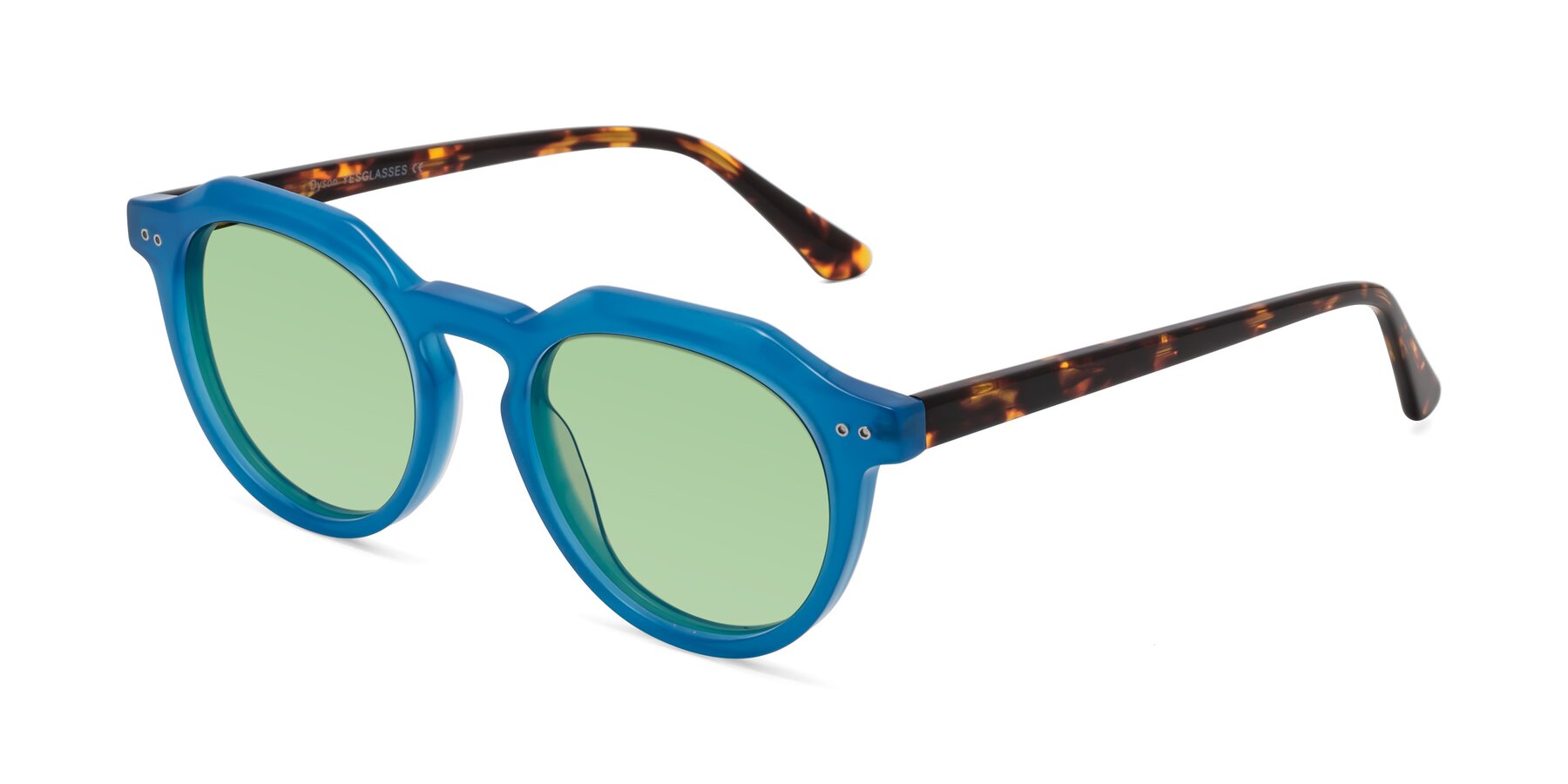 Angle of Dyson in Sky Blue-Tortoise with Medium Green Tinted Lenses