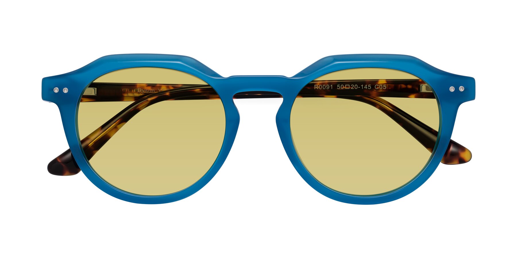 Folded Front of Dyson in Sky Blue-Tortoise with Medium Champagne Tinted Lenses