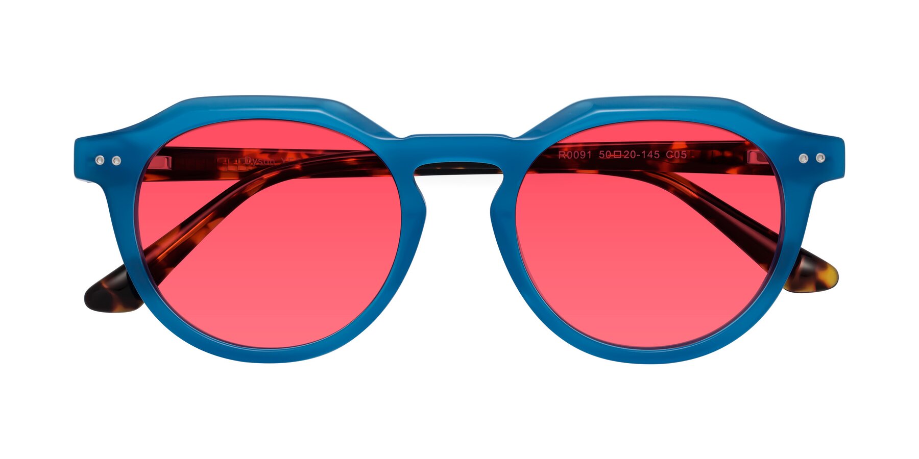 Folded Front of Dyson in Sky Blue-Tortoise with Red Tinted Lenses