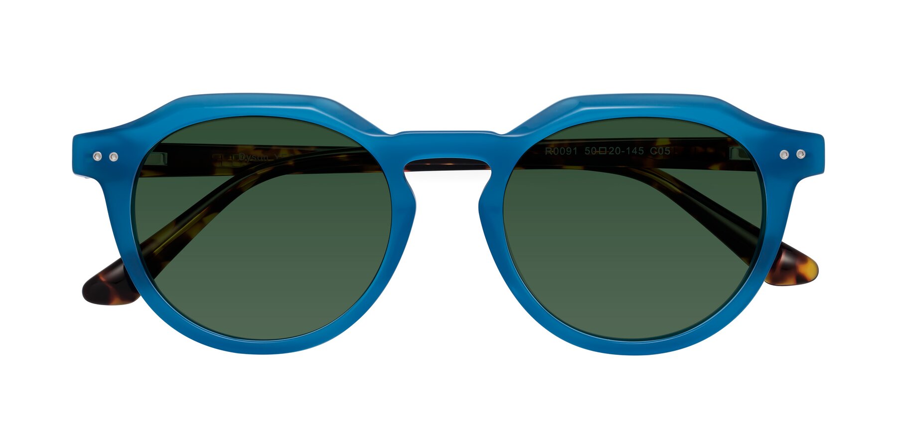 Folded Front of Dyson in Sky Blue-Tortoise with Green Tinted Lenses