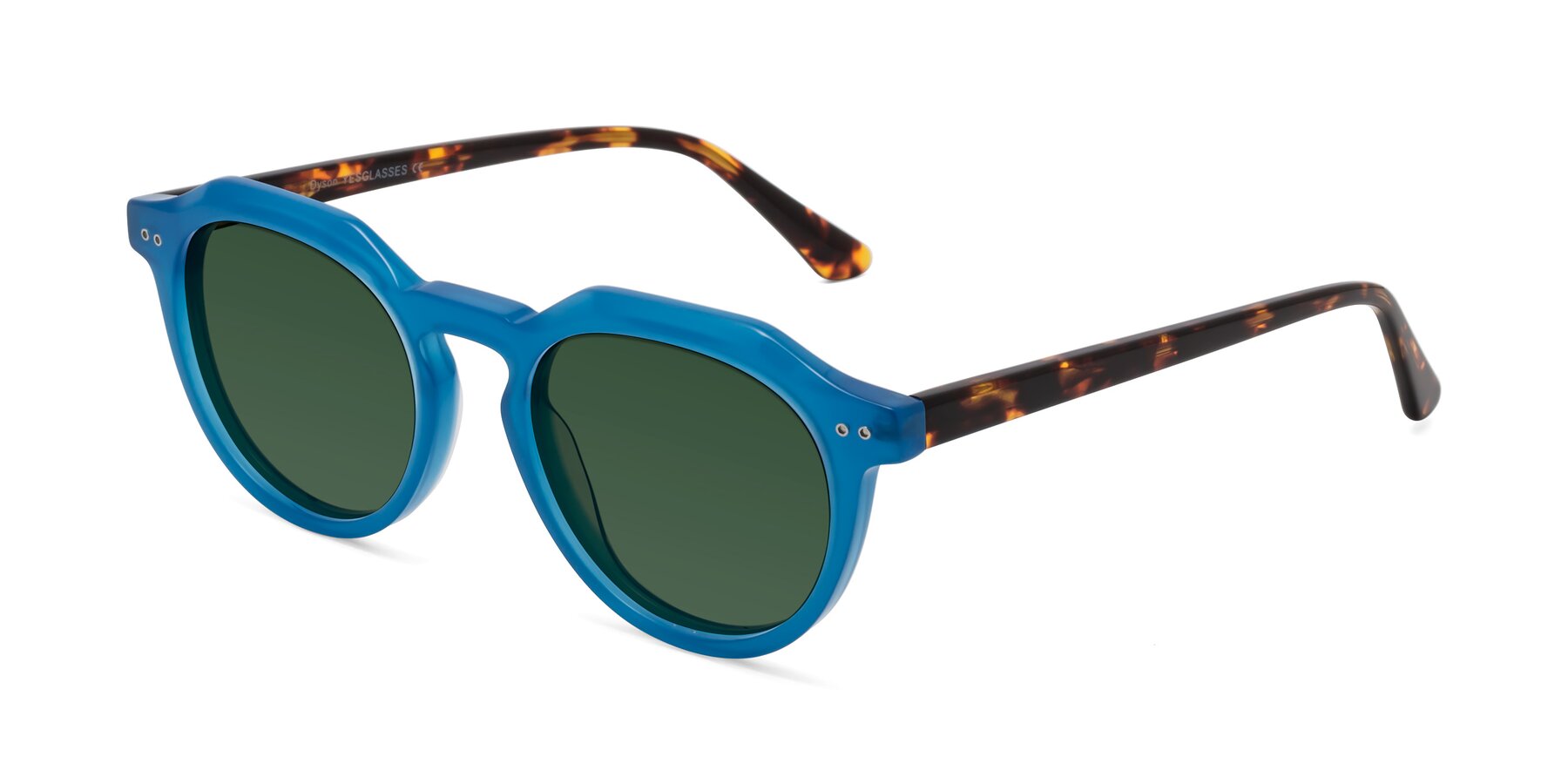 Angle of Dyson in Sky Blue-Tortoise with Green Tinted Lenses