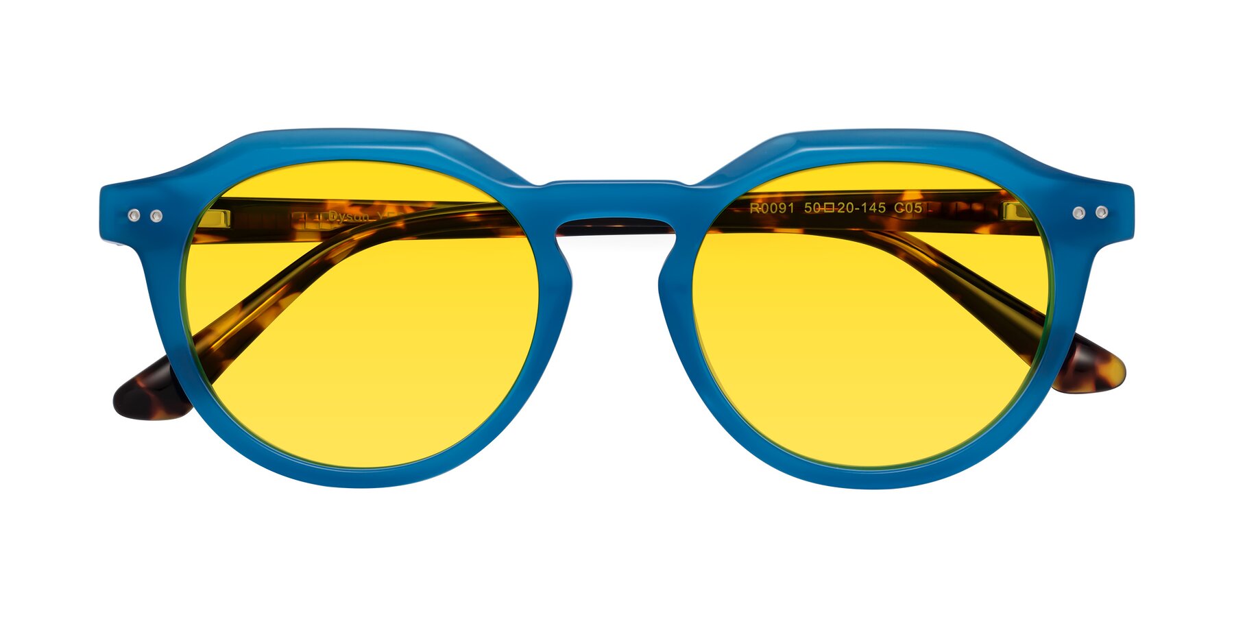 Folded Front of Dyson in Sky Blue-Tortoise with Yellow Tinted Lenses