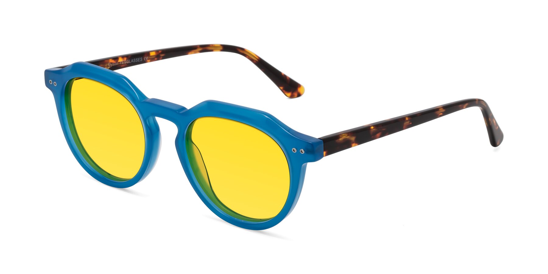 Angle of Dyson in Sky Blue-Tortoise with Yellow Tinted Lenses