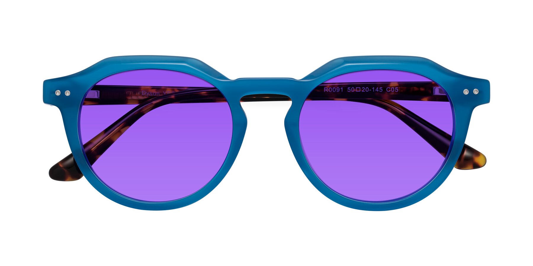 Folded Front of Dyson in Sky Blue-Tortoise with Purple Tinted Lenses