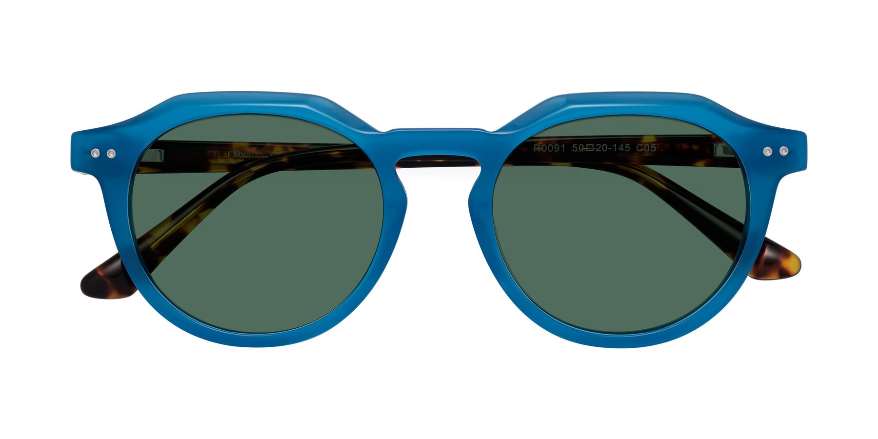 Folded Front of Dyson in Sky Blue-Tortoise with Green Polarized Lenses