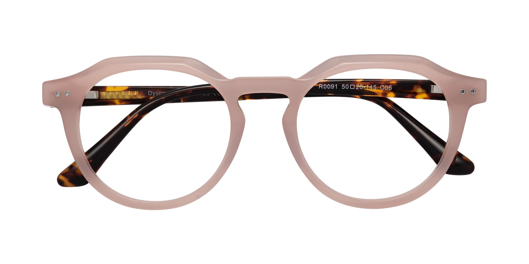 Folded Front of Dyson in Peach-Tortoise with Clear Eyeglass Lenses