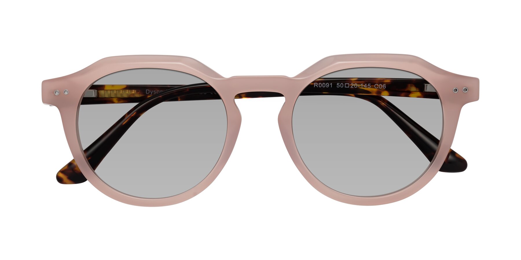 Folded Front of Dyson in Peach-Tortoise with Light Gray Tinted Lenses