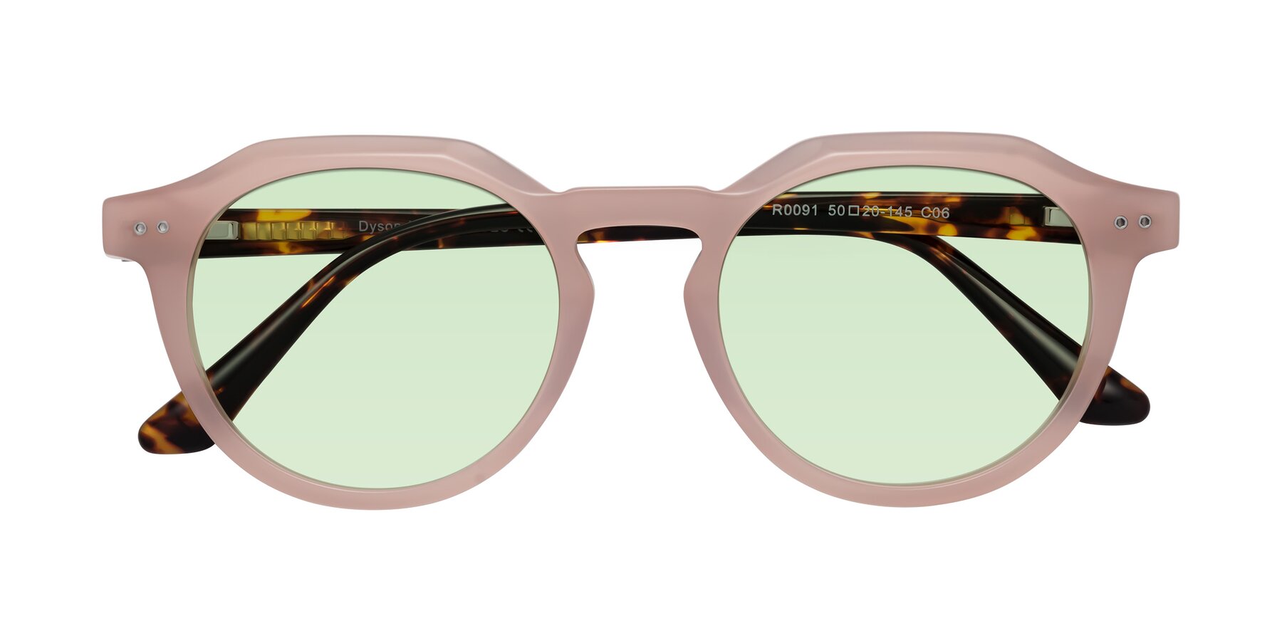 Folded Front of Dyson in Peach-Tortoise with Light Green Tinted Lenses