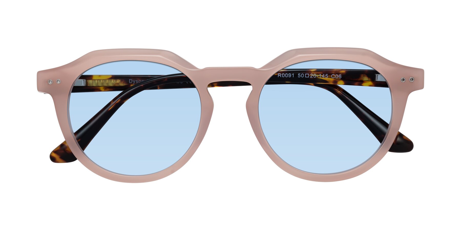 Folded Front of Dyson in Peach-Tortoise with Light Blue Tinted Lenses