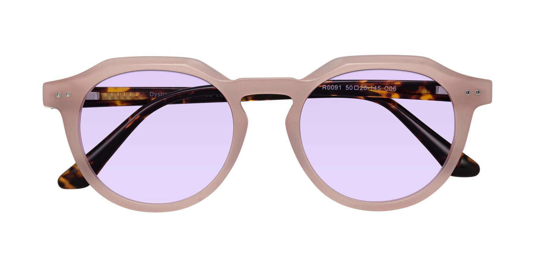 Folded Front of Dyson in Peach-Tortoise with Light Purple Tinted Lenses