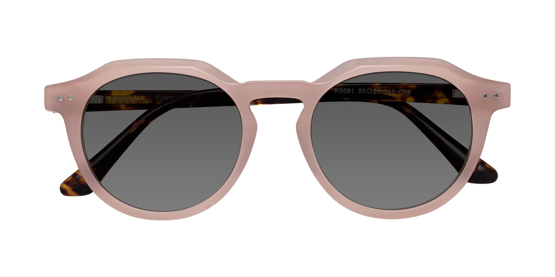 Folded Front of Dyson in Peach-Tortoise with Medium Gray Tinted Lenses