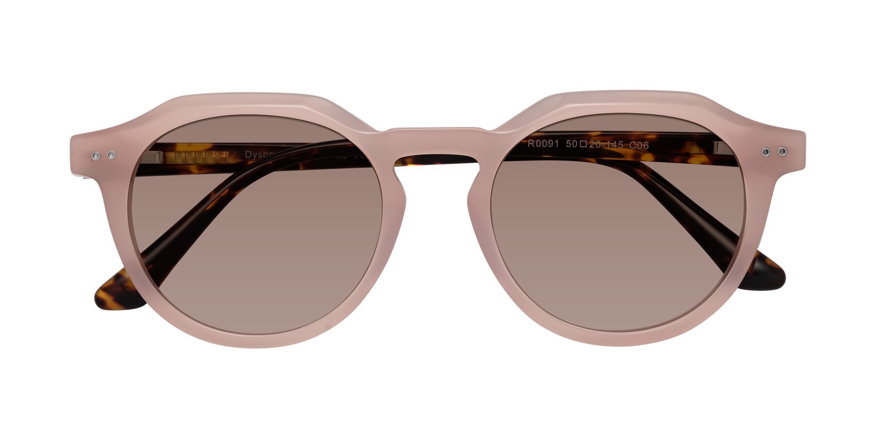 Folded Front of Dyson in Peach-Tortoise with Medium Brown Tinted Lenses