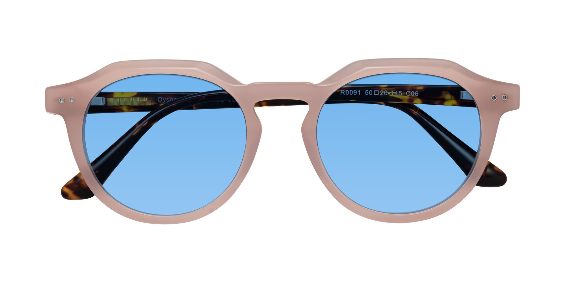 Folded Front of Dyson in Peach-Tortoise with Medium Blue Tinted Lenses