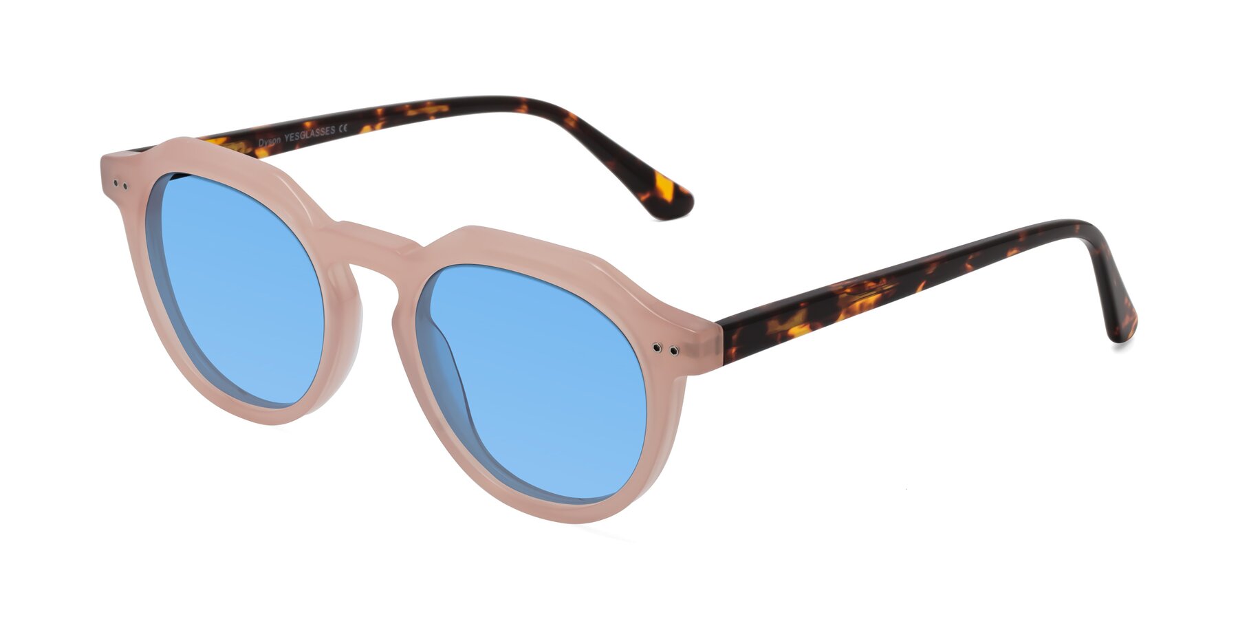 Angle of Dyson in Peach-Tortoise with Medium Blue Tinted Lenses