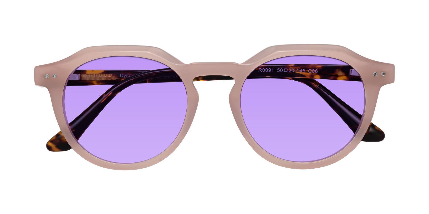 Folded Front of Dyson in Peach-Tortoise with Medium Purple Tinted Lenses