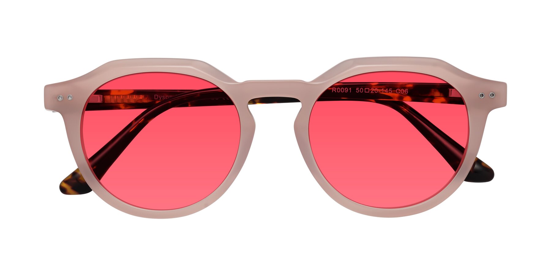 Folded Front of Dyson in Peach-Tortoise with Red Tinted Lenses