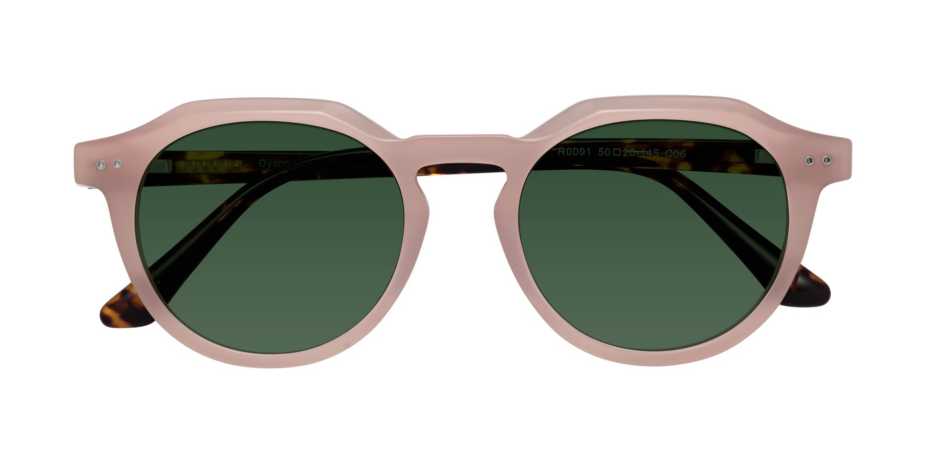 Folded Front of Dyson in Peach-Tortoise with Green Tinted Lenses