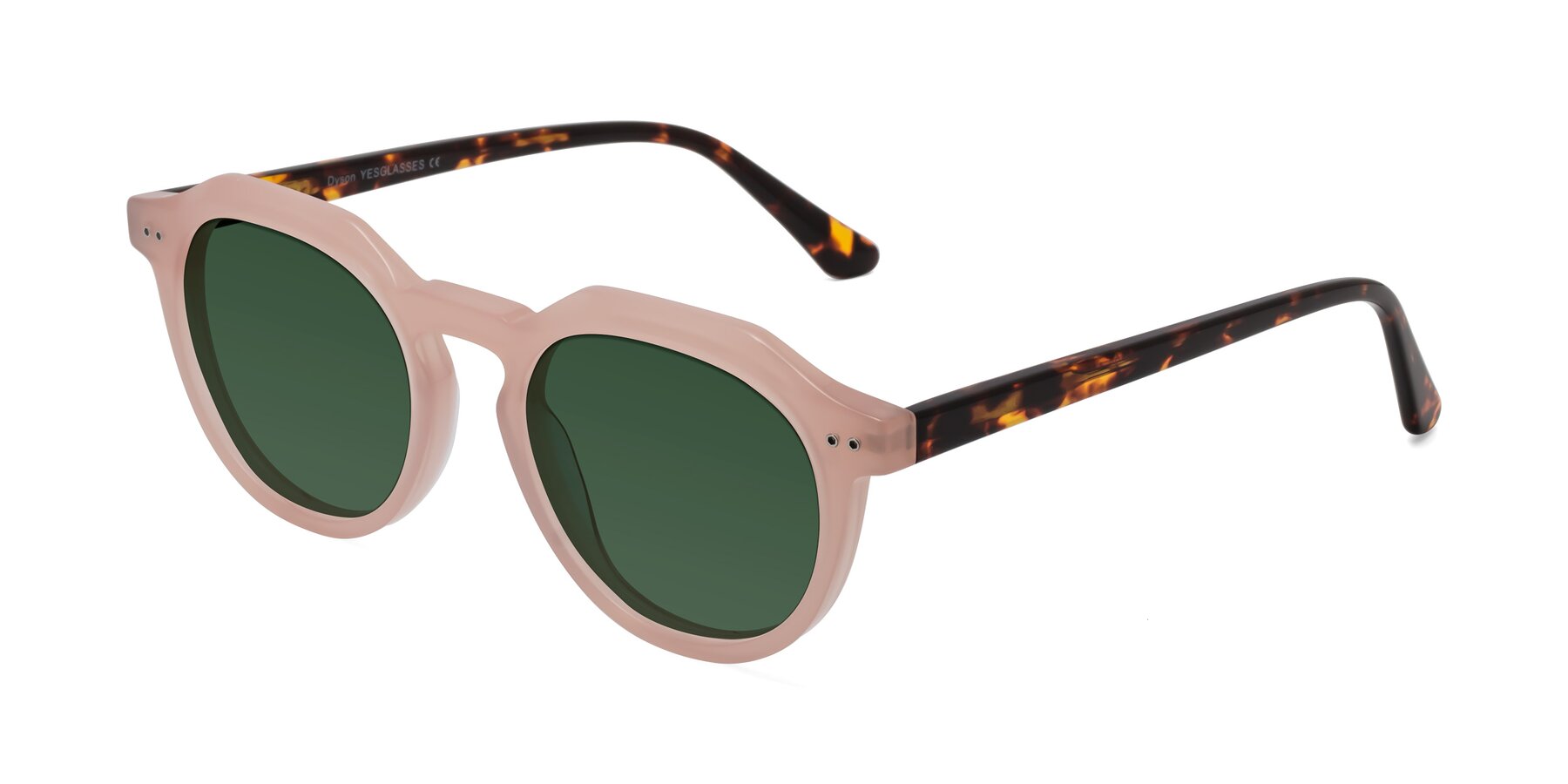 Angle of Dyson in Peach-Tortoise with Green Tinted Lenses