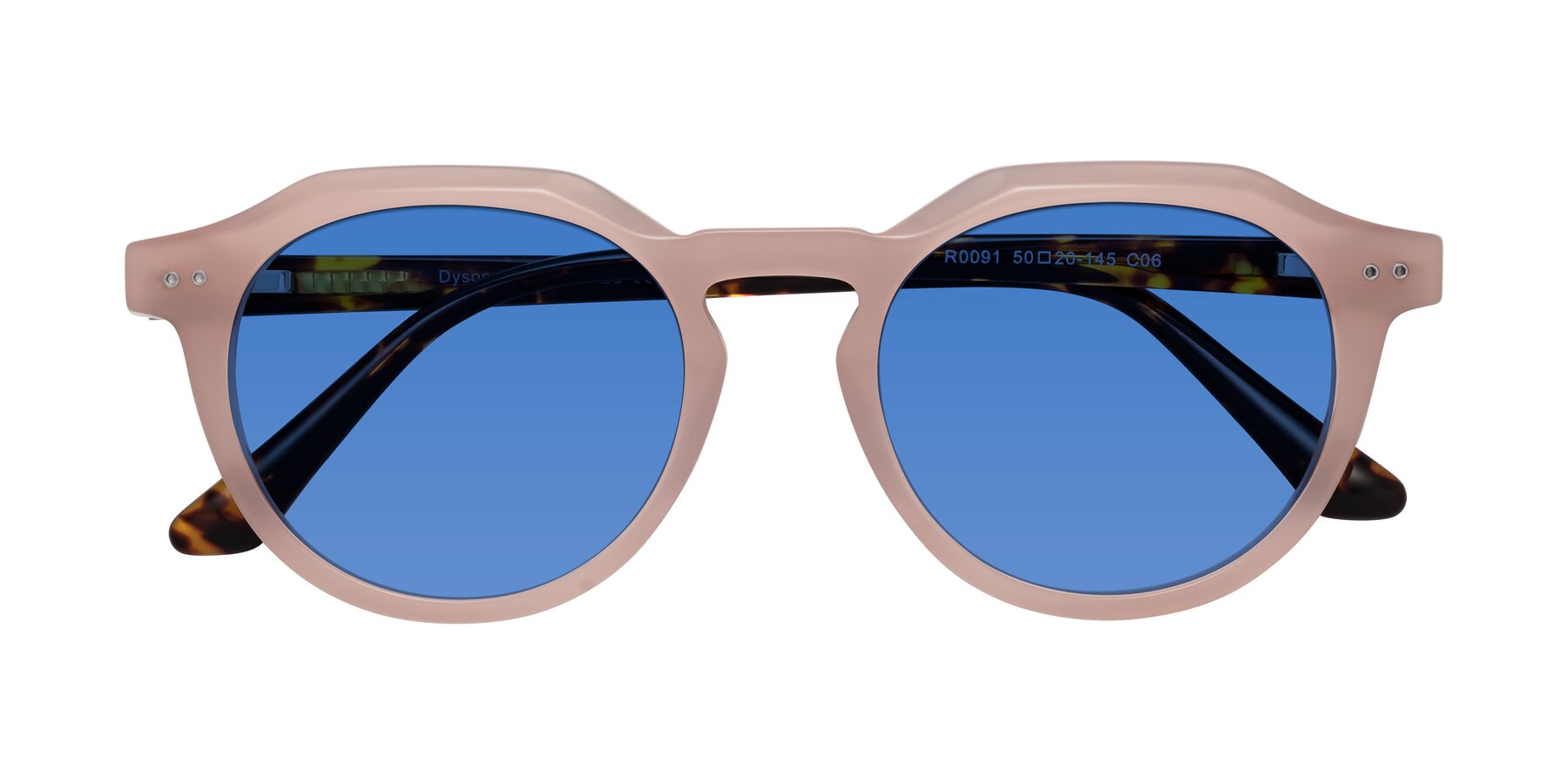 Folded Front of Dyson in Peach-Tortoise with Blue Tinted Lenses