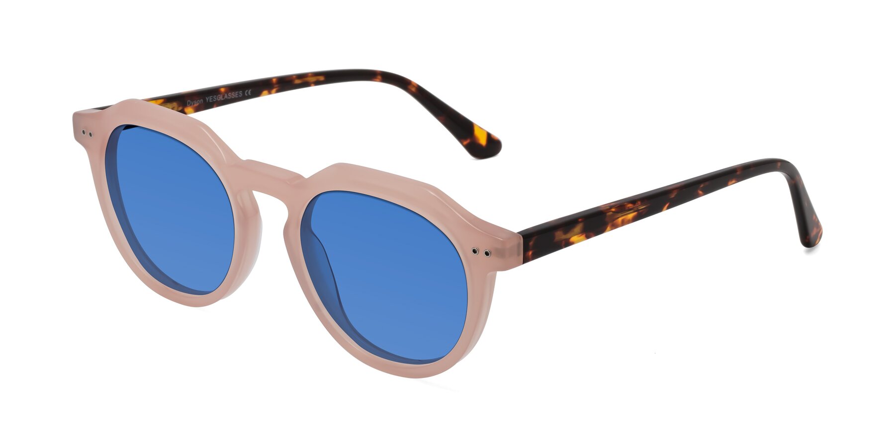 Angle of Dyson in Peach-Tortoise with Blue Tinted Lenses