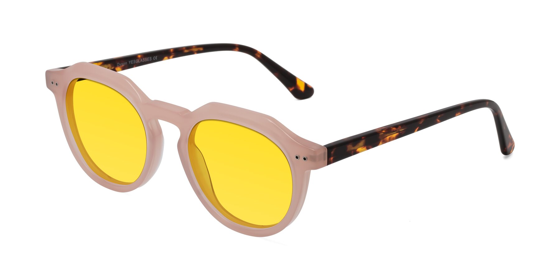 Angle of Dyson in Peach-Tortoise with Yellow Tinted Lenses