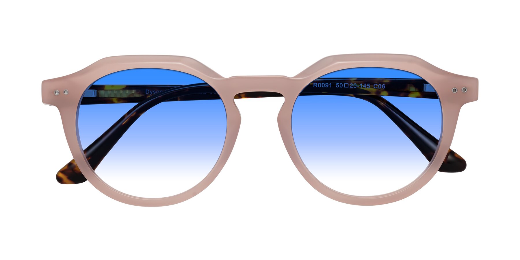 Folded Front of Dyson in Peach-Tortoise with Blue Gradient Lenses