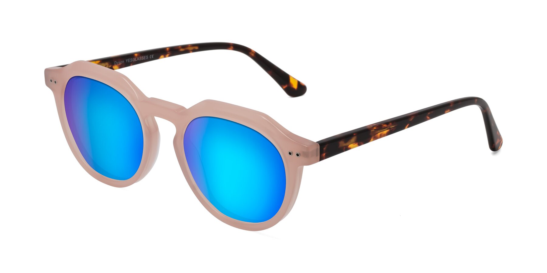 Angle of Dyson in Peach-Tortoise with Blue Mirrored Lenses